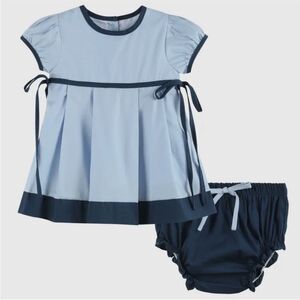 Lil Cactus Light Blue and Navy Ribbon Dress with Bloomers